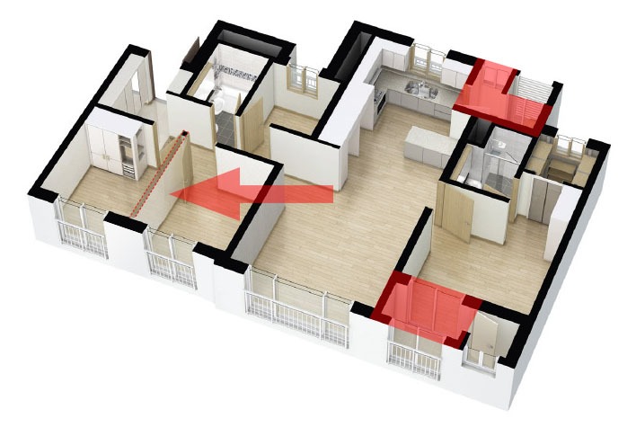 韓国のアパート 4LDK（34坪）<br />赤い部分はベランダ