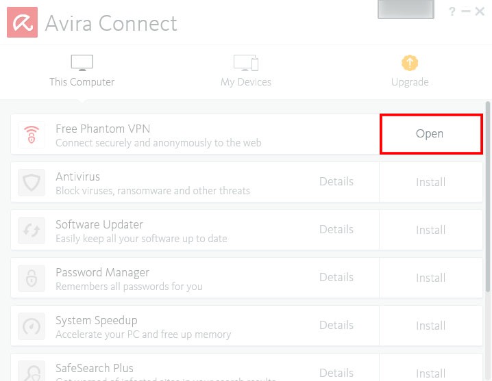 開いたAvira Connect画面の中でFree Phantom VPNのOpenをクリックしてプログラムを開く