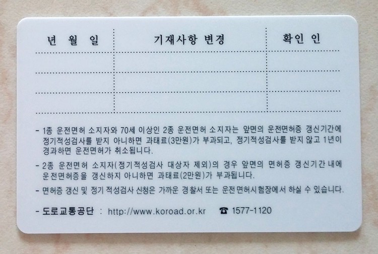 韓国の運転免許証の裏